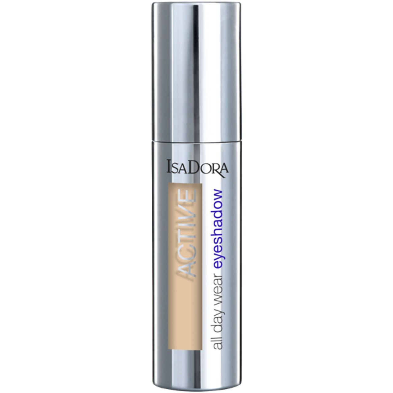 IsaDora Active All Day Wear Eyeshadow. Zylindrische Flasche mit silbernem Deckel. Beige Lidschatten sichtbar. Text: IsaDora, Active, all day wear eyeshadow.