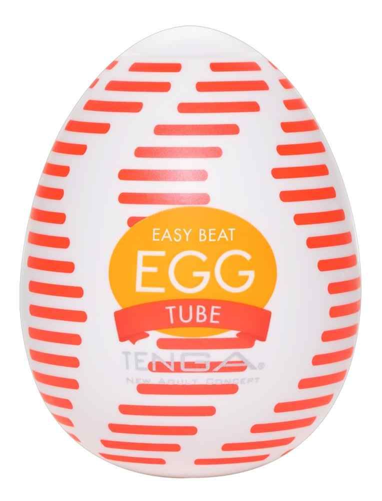 Eiförmiges Produkt mit roter Streifenmusterung und gelbem Aufkleber mit der Aufschrift 'EGG TUBE'.