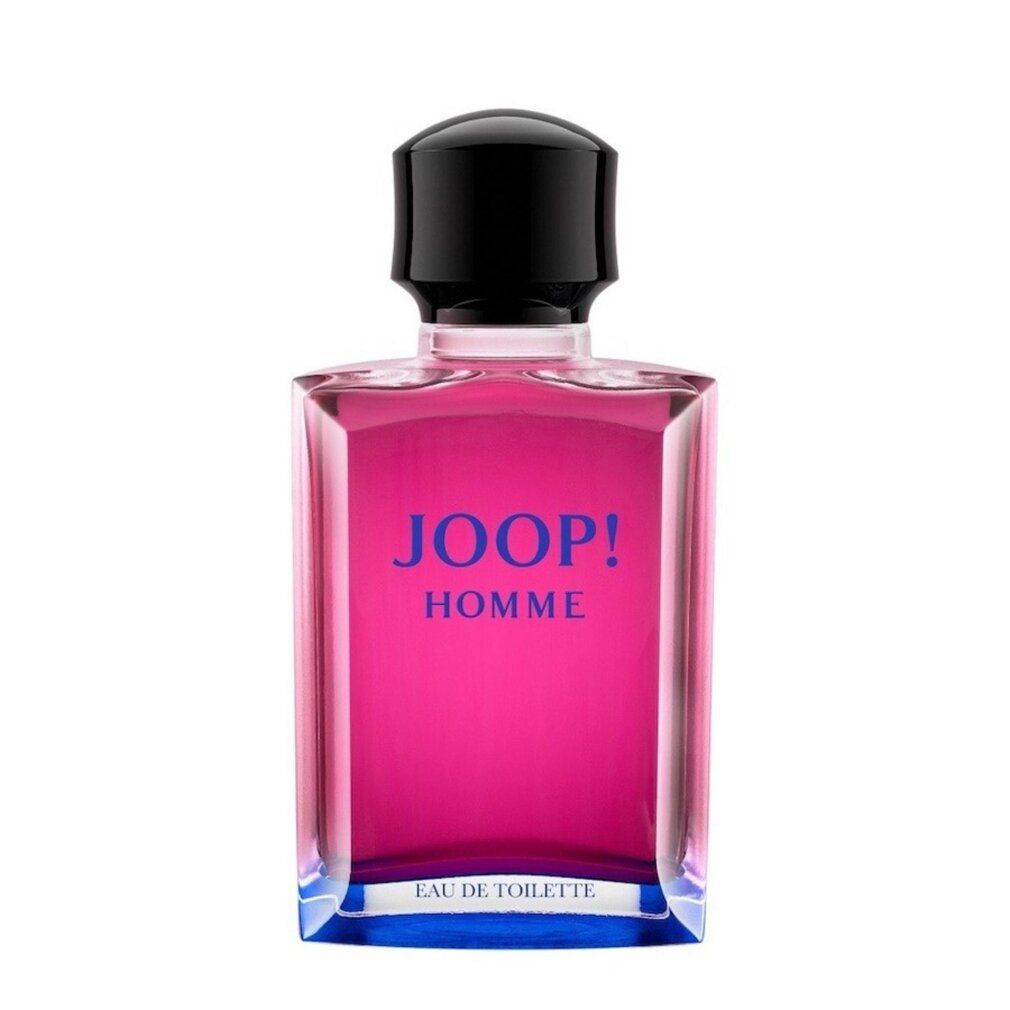 JOOP! Homme Eau de Toilette Flakon mit pinker Flüssigkeit und schwarzem Verschluss.