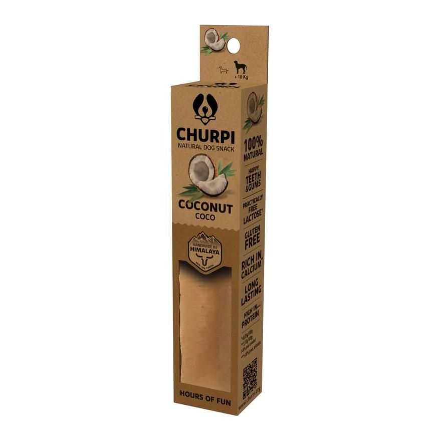 Verpackung eines Hundesnacks. Braune Pappschachtel mit Produktinformationen und einem Sichtfenster. Aufdruck: CHURPI, COCONUT COCO, 100% natürlich.