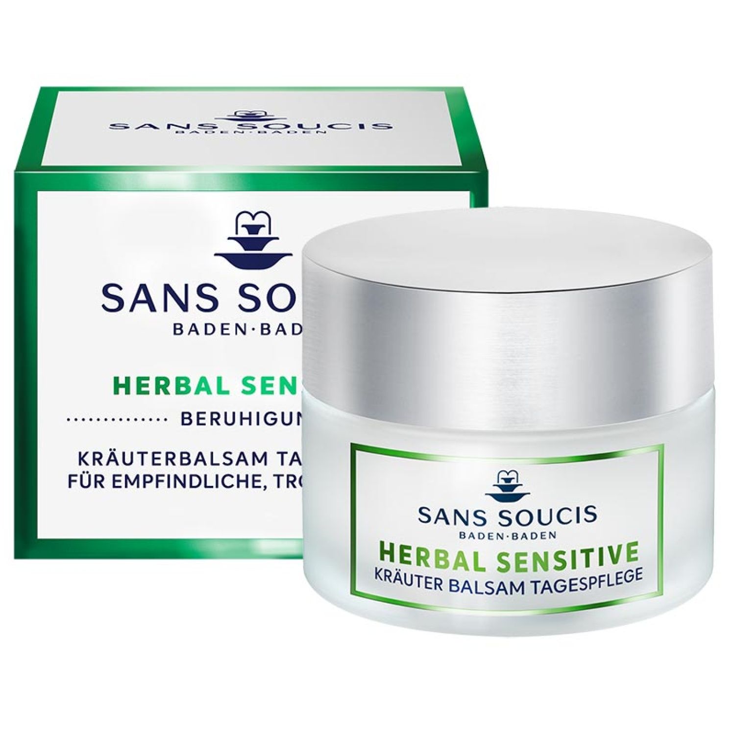Creme-Tiegel und Verpackung. Aufschrift: Herbal Sensitive Kräuter Balsam Tagespflege. Marke: Sans Soucis.