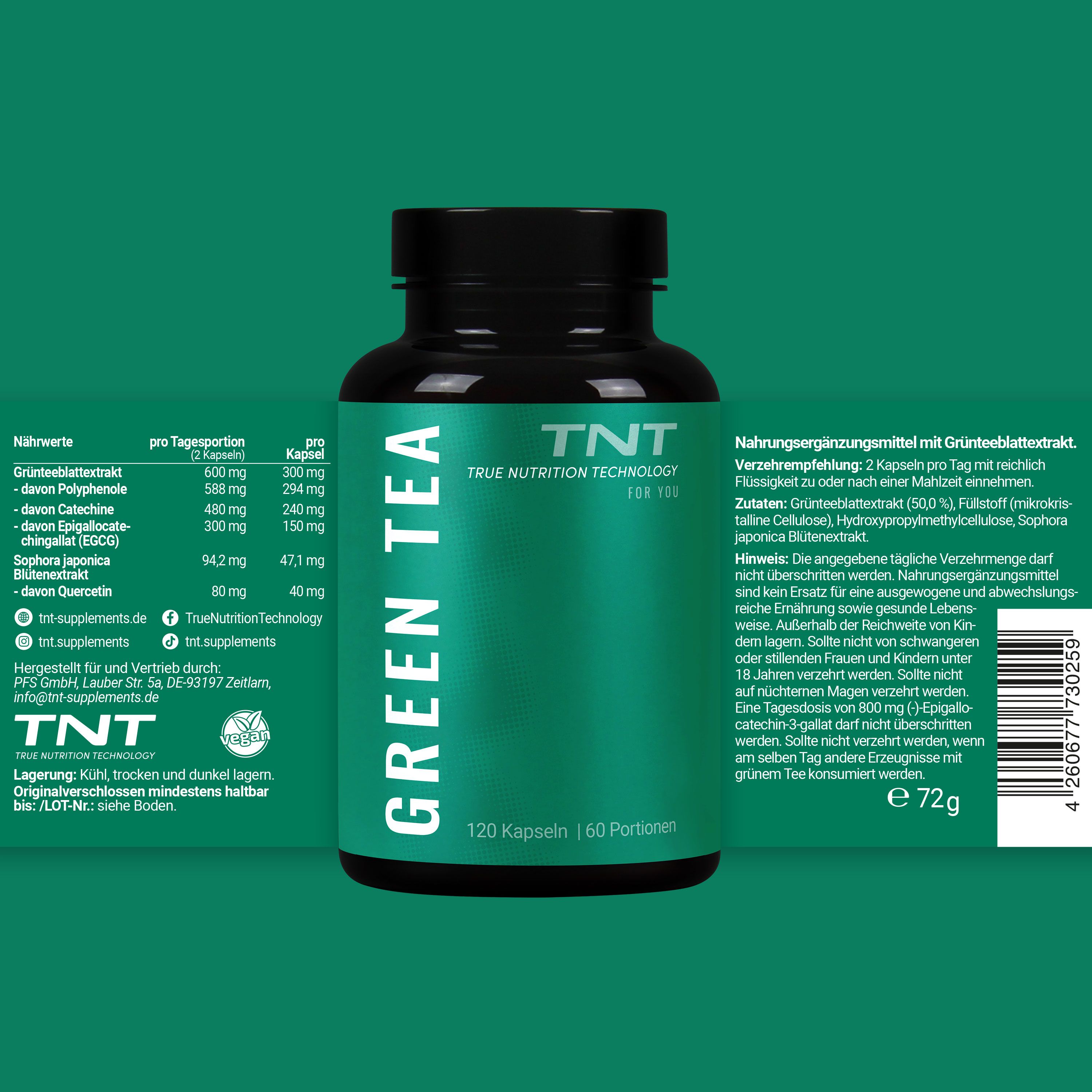 Rückseite der TNT Grüner Tee Kapseln Verpackung mit Nährwertangaben und Zertifikaten.