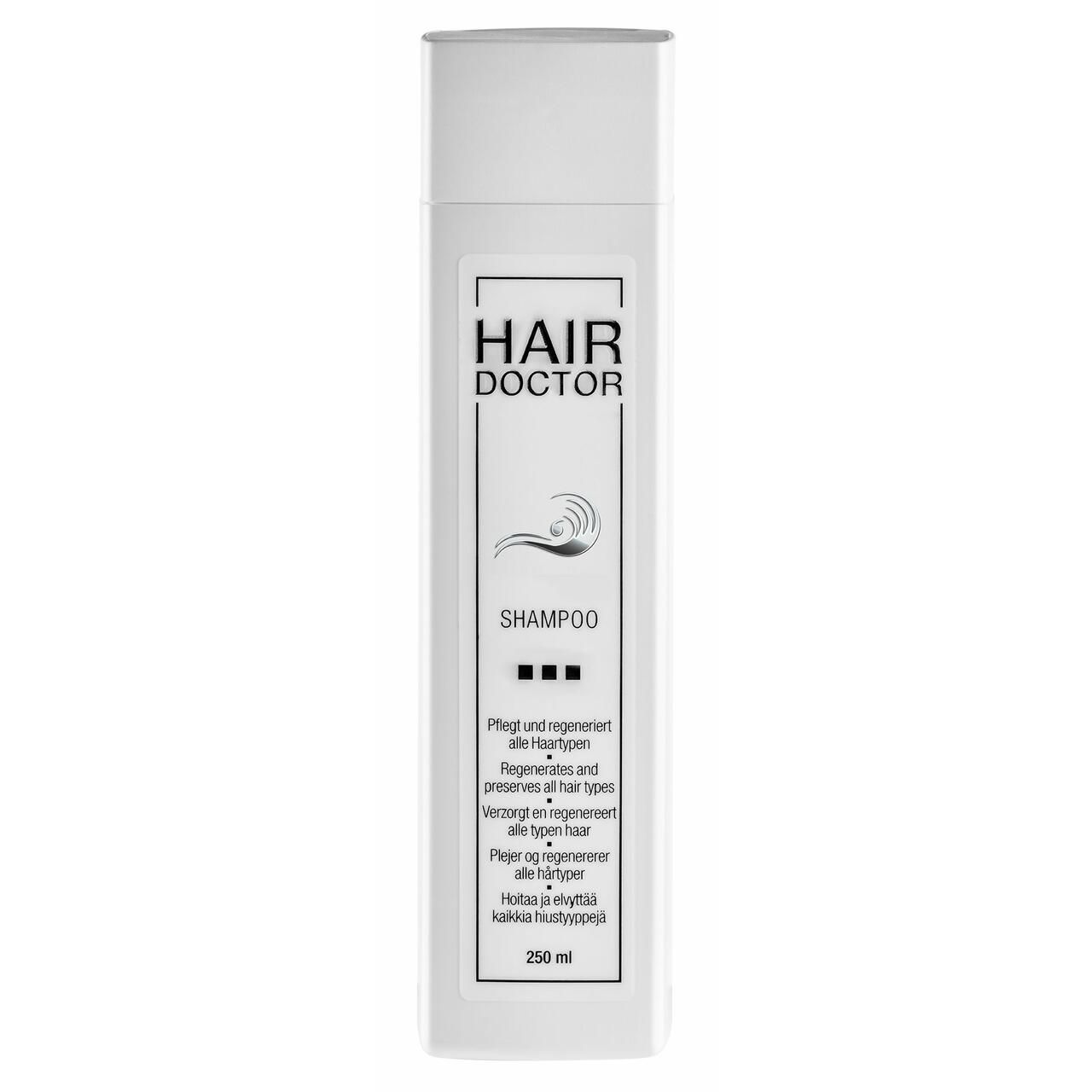 Weiße Shampoo-Flasche mit Aufschrift HAIR DOCTOR und SHAMPOO. Enthält mehrere Sprachversionen. 250 ml.