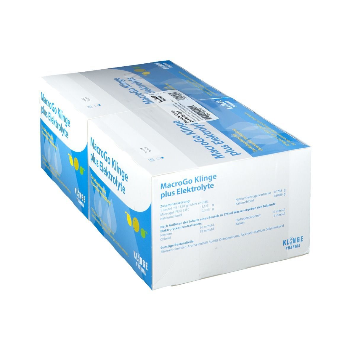 Karton mit Produktaufdruck: MacroGo Klinge plus Elektrolyte. Blaue und weiße Verpackung. Klinge Pharma Logo.