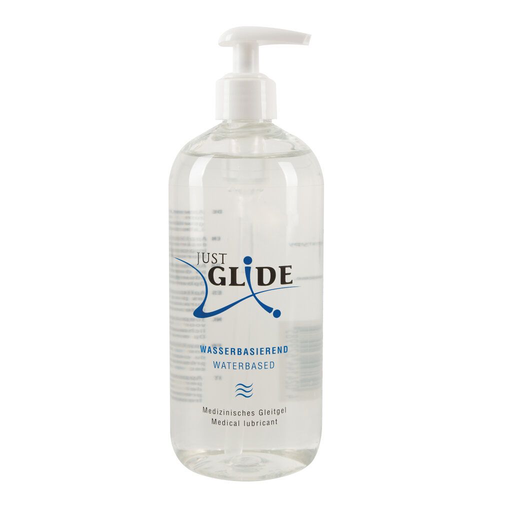 Transparente Flasche mit Dosierpumpe. Aufschrift: JUST GLIDE, Wasserbasiert, Medizinische Gleitgel.