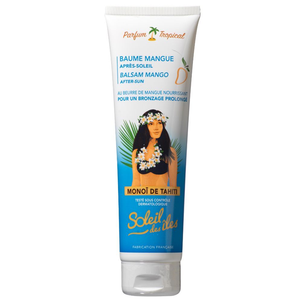 Tube met productopdruk. Tekst: Après-Soleil Balsam Mango, Soleil des îles. Illustratie van een vrouw met bloemenkrans.