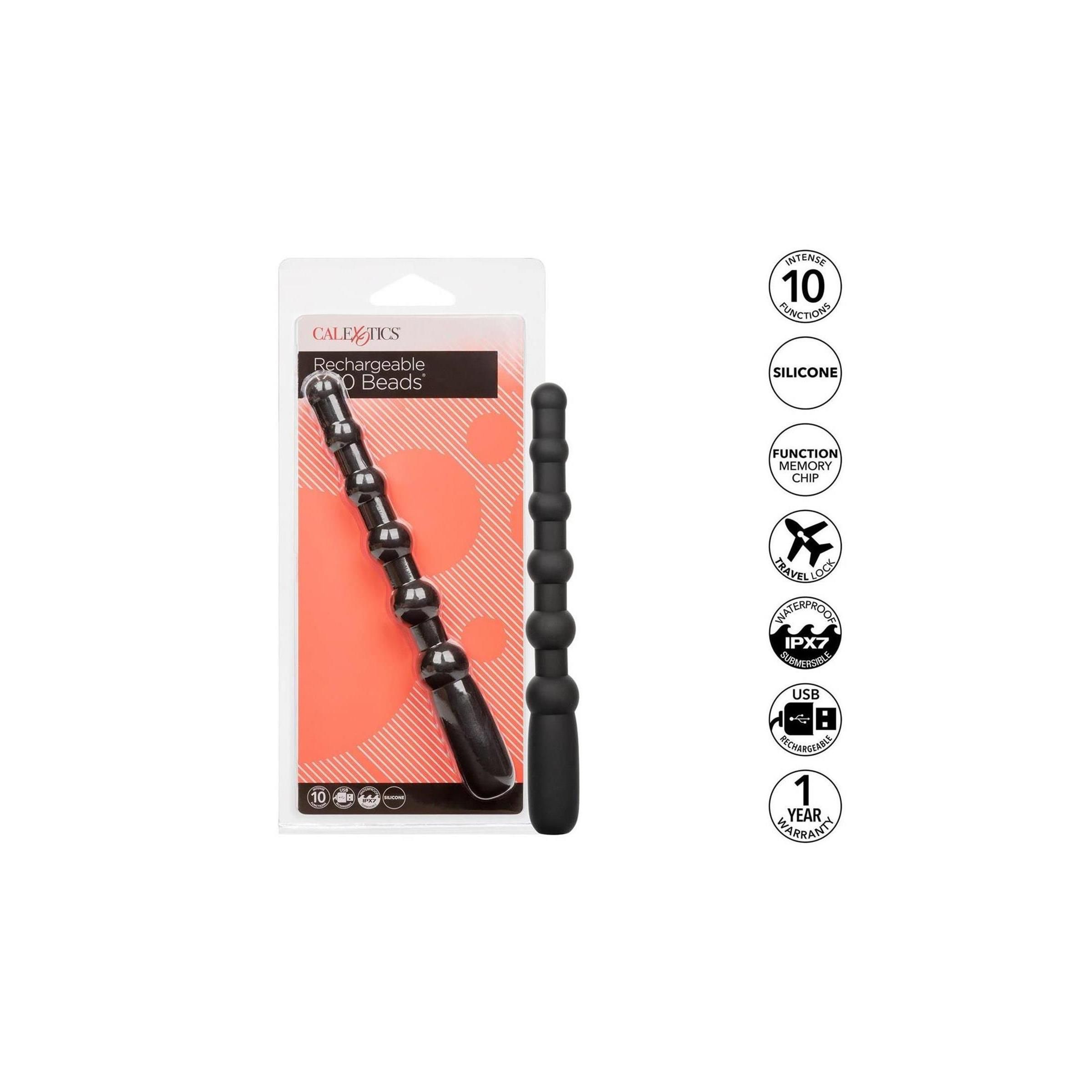 Wellness-Produkt in Blisterverpackung. Schwarzes, perlenförmiges Produkt. Enthält 10 Vibrationsmodi, Silikon.