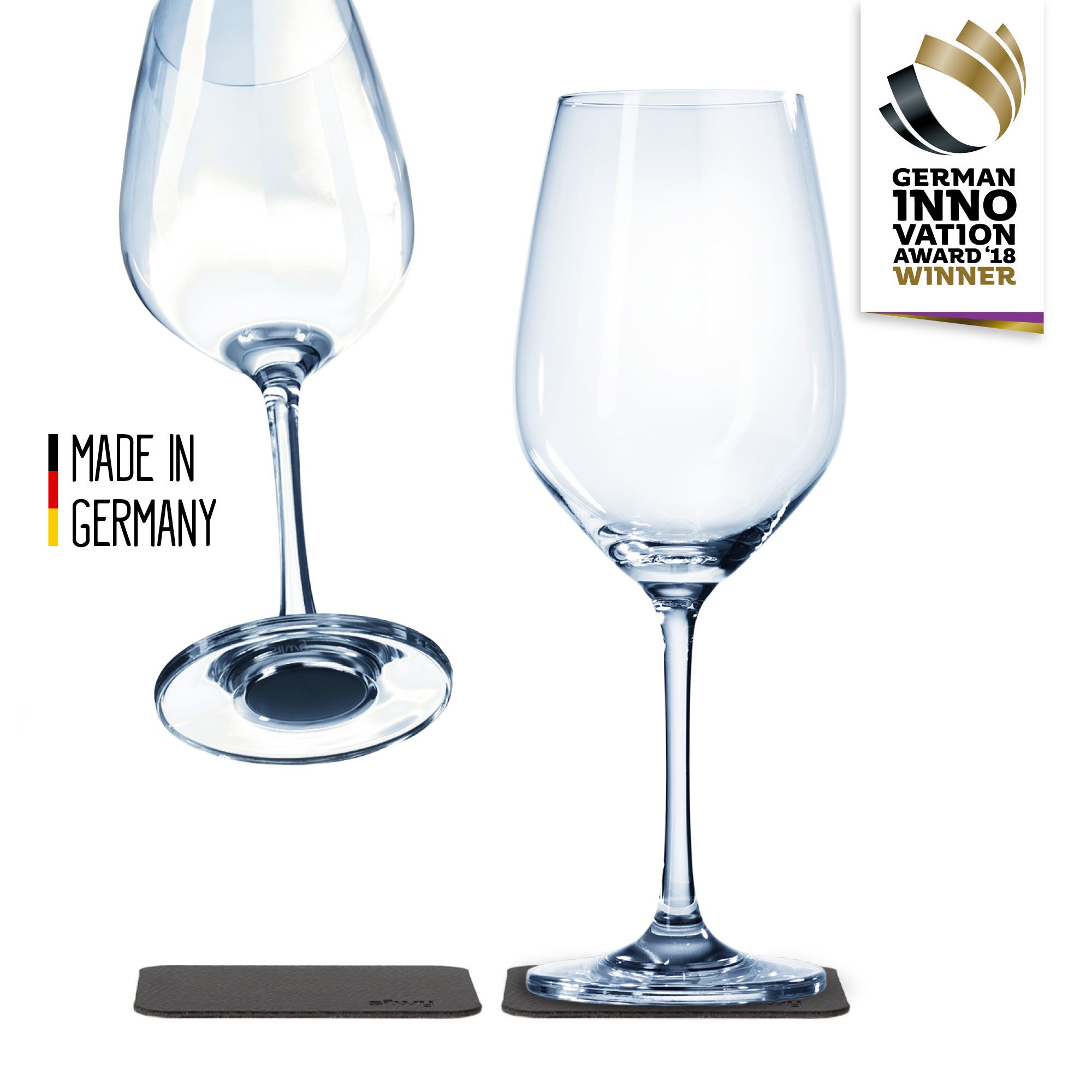 Zwei Weingläser mit Untersetzern. Auf einem Glas steht "Made in Germany". Auszeichnung "German Innovation Award 18 Winner".