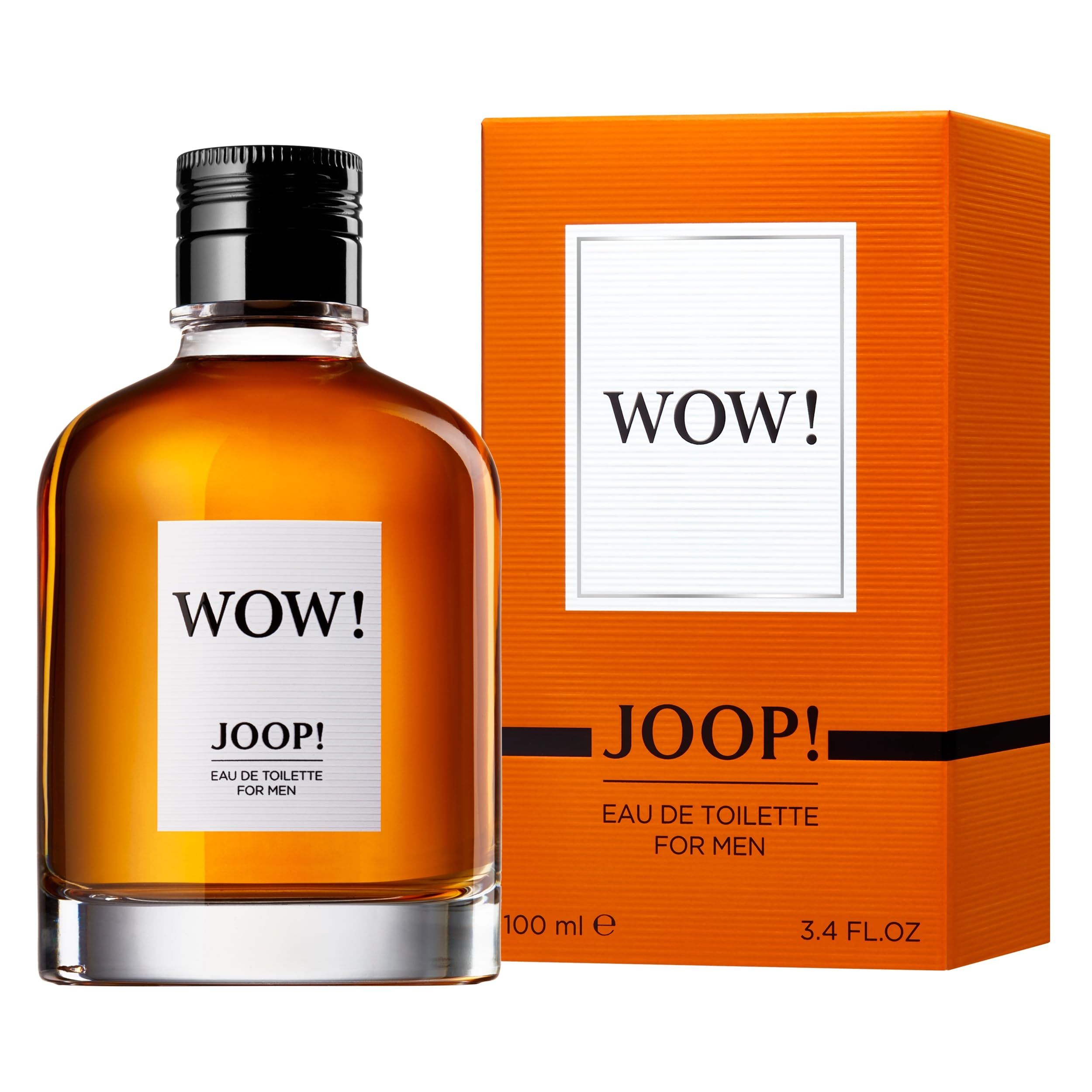 Flakon und Verpackung. Flakon mit brauner Flüssigkeit. Verpackung orange mit weißem Etikett "WOW!". "JOOP!" und "EAU DE TOILETTE FOR MEN".