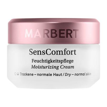 Creme-Tiegel mit rosafarbenem Deckel. Aufschrift MARBERT. Darunter SensComfort, Feuchtigkeitspflege, Moisturizing Cream. Für trockene bis normale Haut.