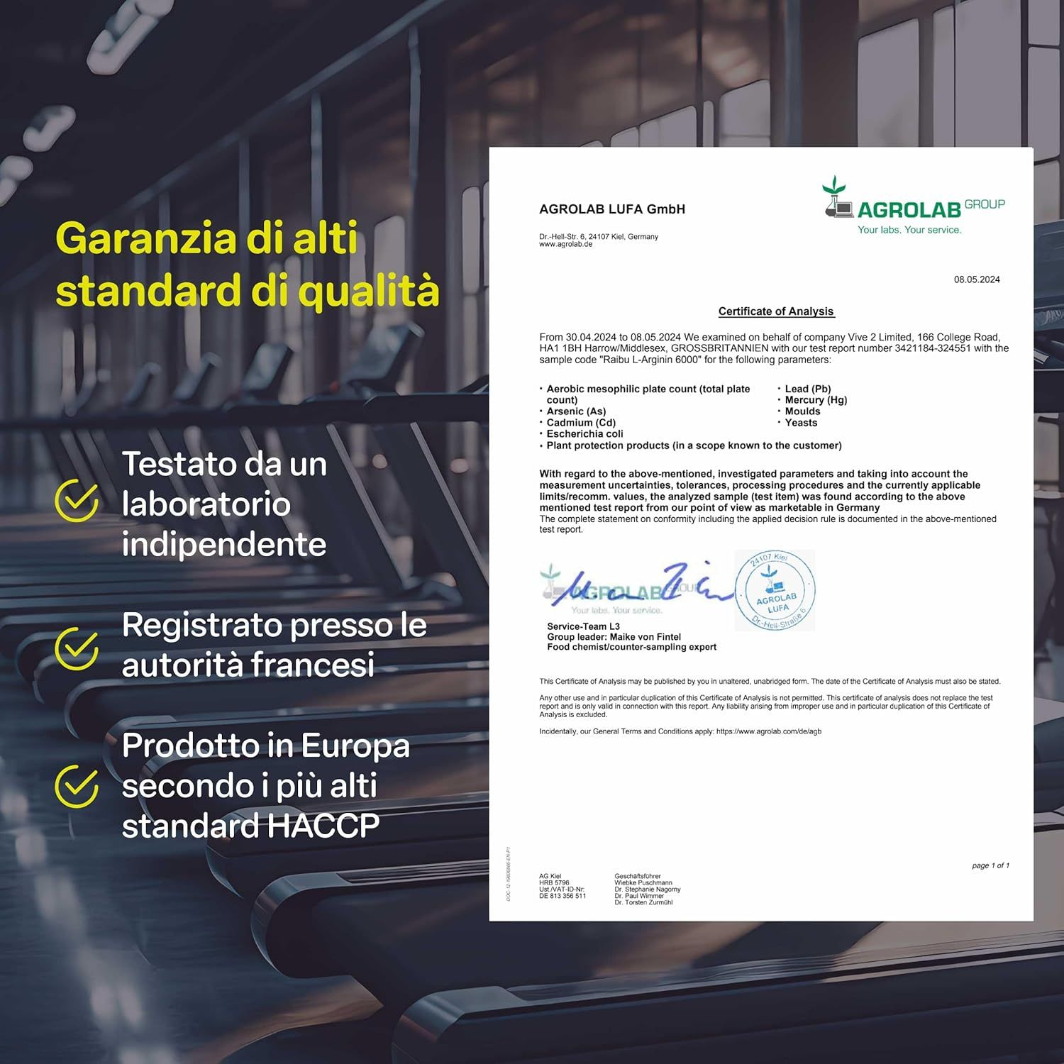 Certificato di Agrolab LUFA. Testo: Garanzia di elevati standard di qualità. Testato da laboratorio indipendente. Prodotto in Europa.