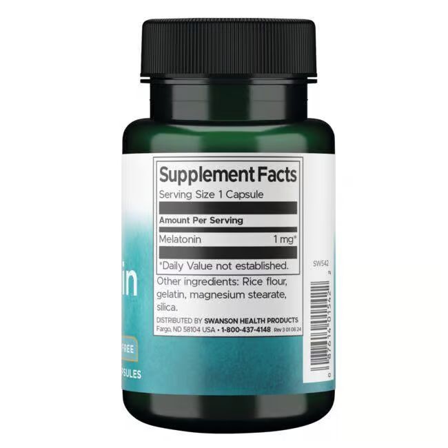 Rückseite der Flasche. Aufschrift: Supplement Facts, Melatonin 1mg, Zutaten: Reismehl, Gelatine, Magnesiumstearat, Silica.