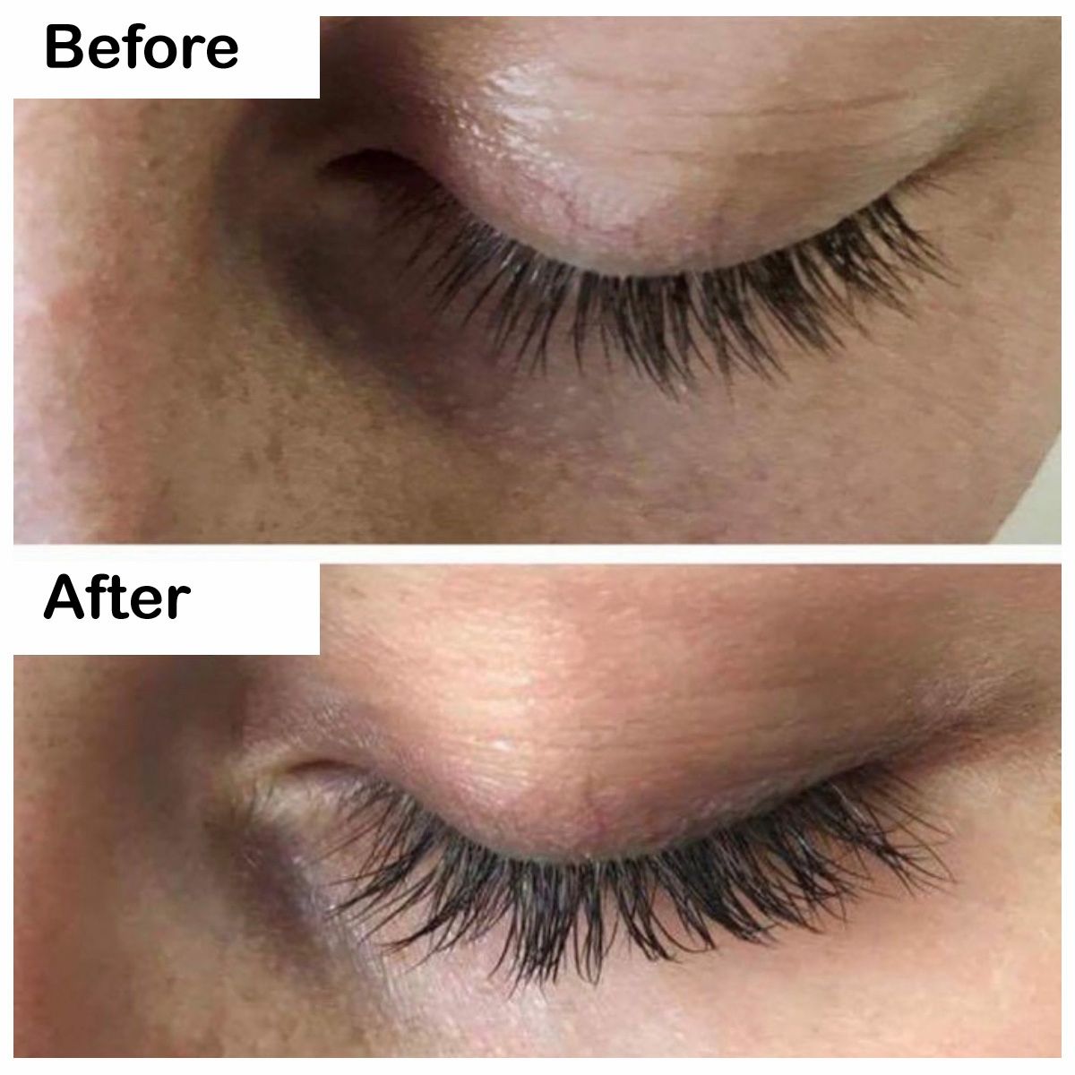 Nahaufnahme von Augenlidern. Oben: Kurze Wimpern. Unten: Längere Wimpern.