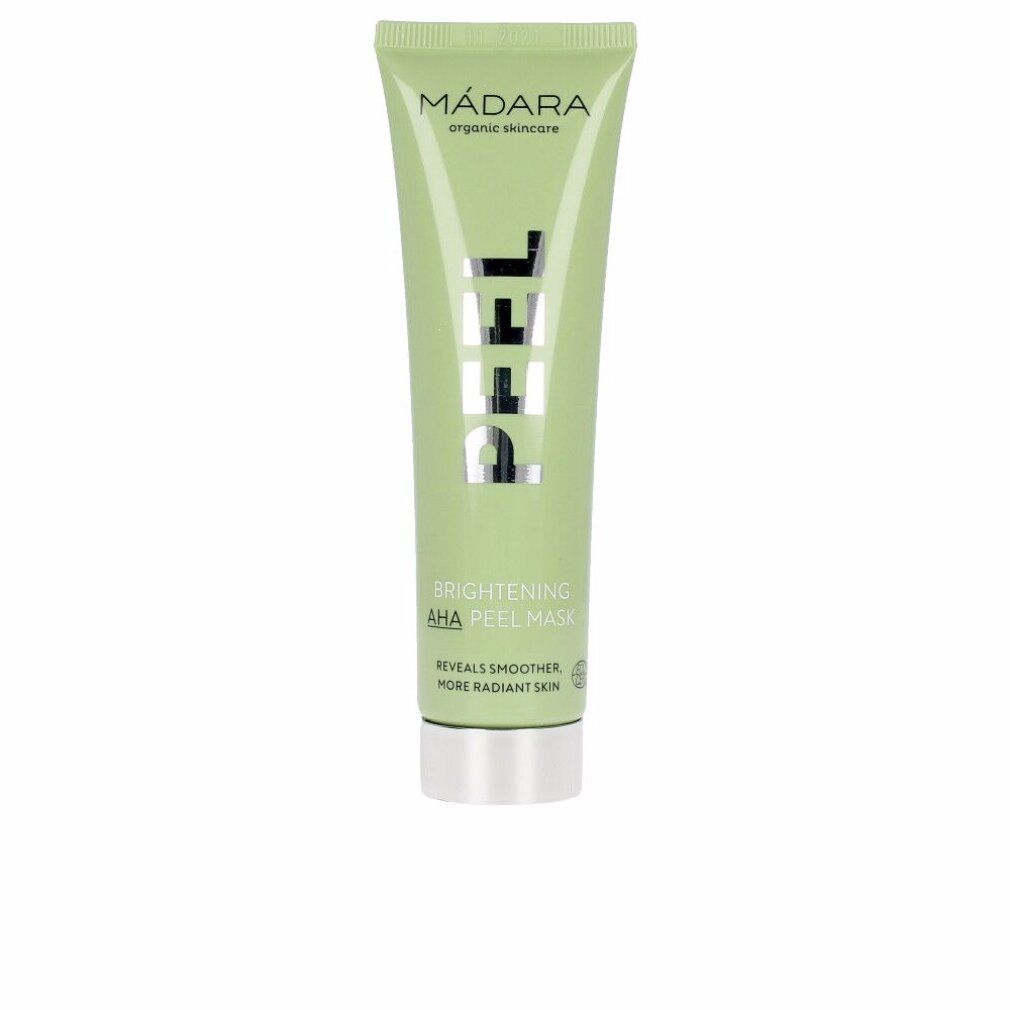 Grüne Tube mit Produktaufschrift. Marke: MÁDARA. Text: PEEL, Brightening AHA Peel Mask. Silberne Kappe.