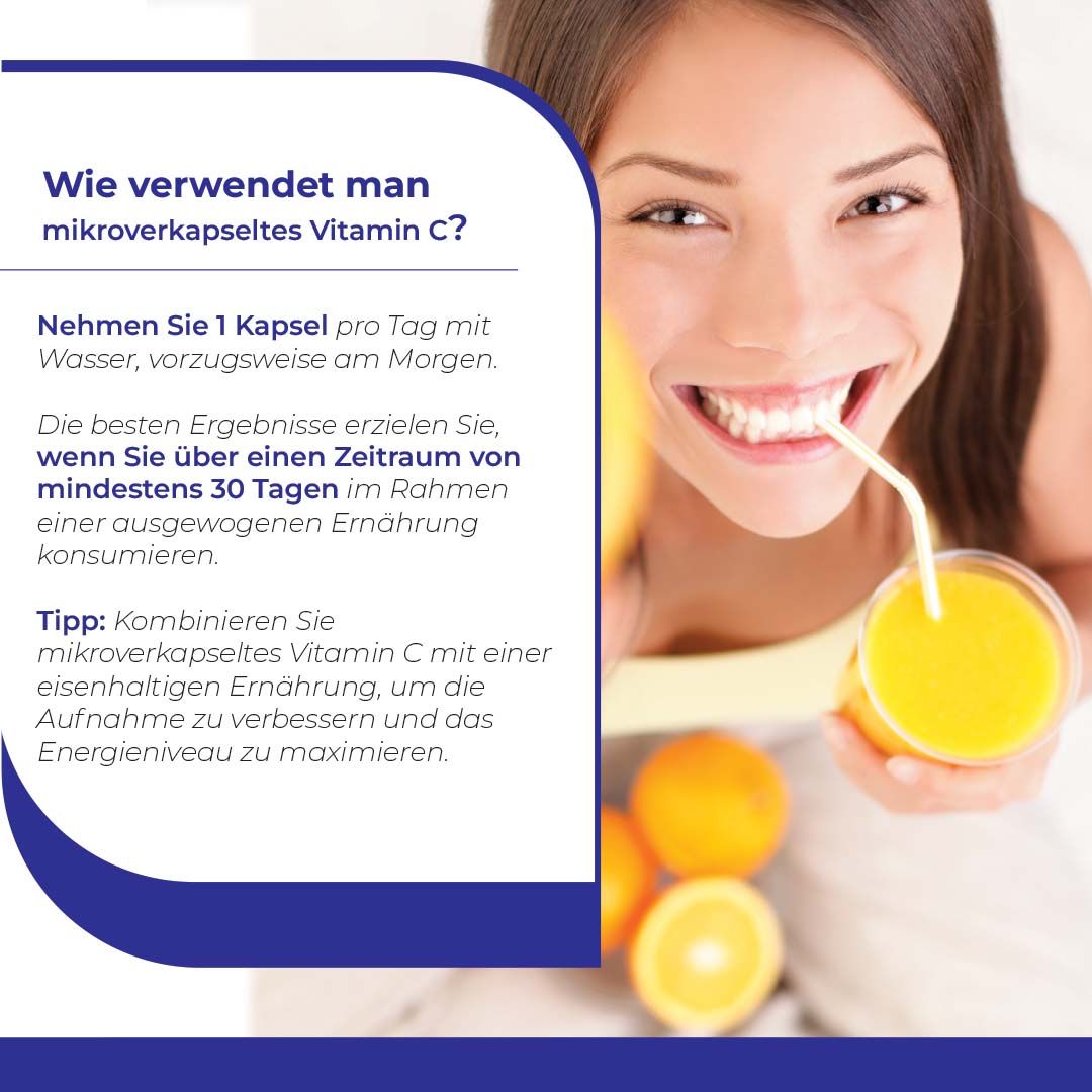 Frau trinkt Saft. Text: "Wie verwendet man mikroverkapseltes Vitamin C?". Einnahme: 1 Kapsel täglich, ideal morgens.