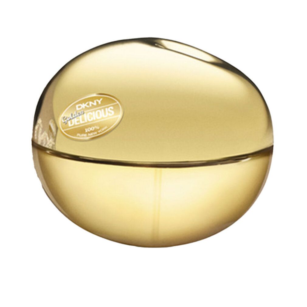 Goldfarbener, runder Flakon. Aufkleber mit DKNY Golden Delicious.