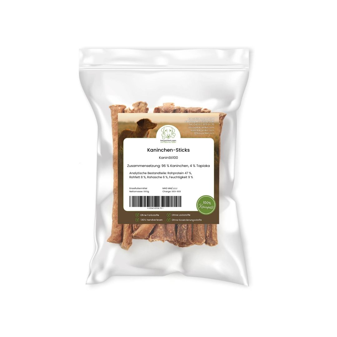 Kaninchen-Sticks für Hunde, 96% Kaninchen, 4% Tapioka.