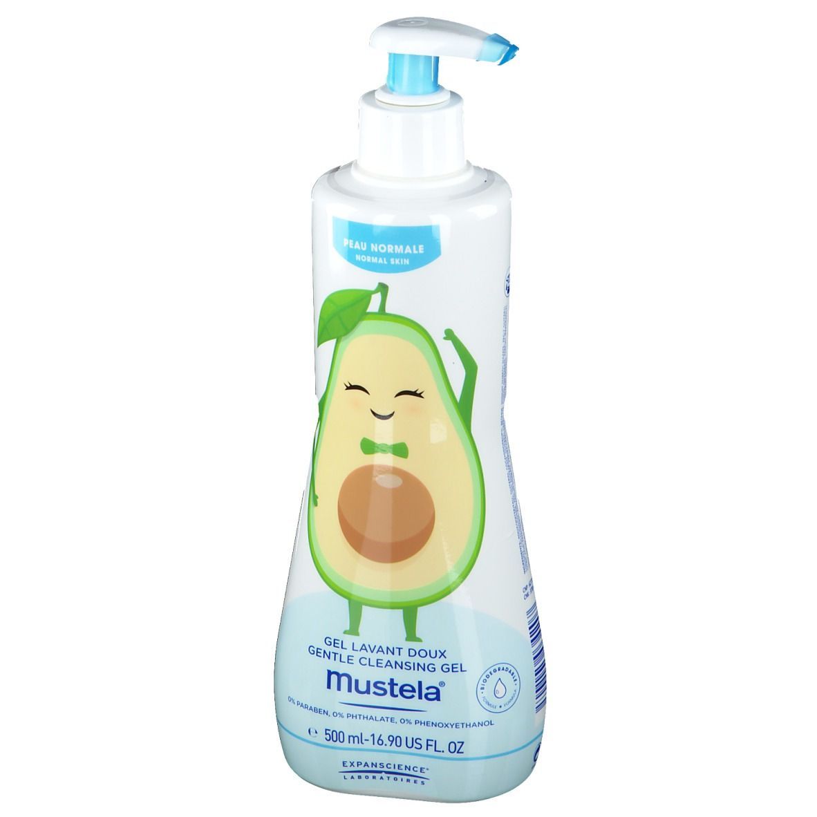 Flacone bianco con erogatore blu. Illustrazione di avocado. Testo: Mustela, Gel lavante delicato. Scritta: 500 ml.