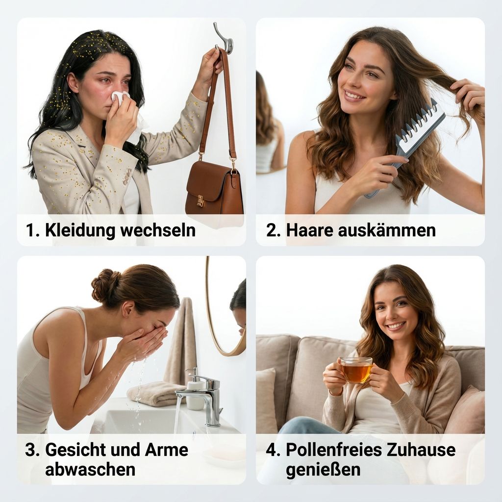 Vier Bilder. Frau wechselt Kleidung, kämmt Haare, wäscht Gesicht, trinkt Tee. Text: 1-4 Schritte.