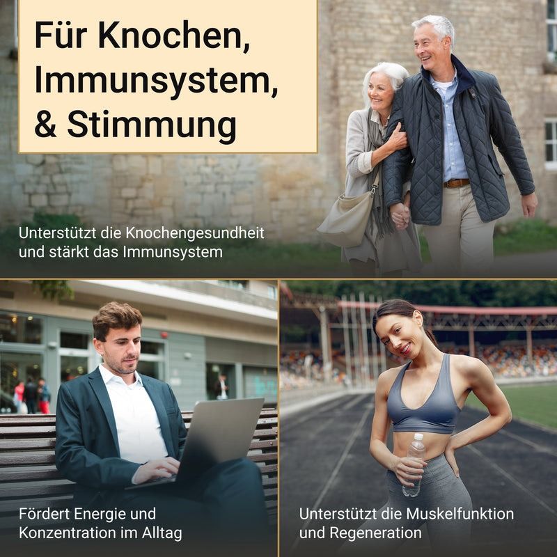 Collage mit Bildern. Oben: älteres Ehepaar. Unten links: Mann mit Laptop. Unten rechts: Frau mit Wasserflasche. Text: Für Knochen, Immunsystem, & Stimmung.