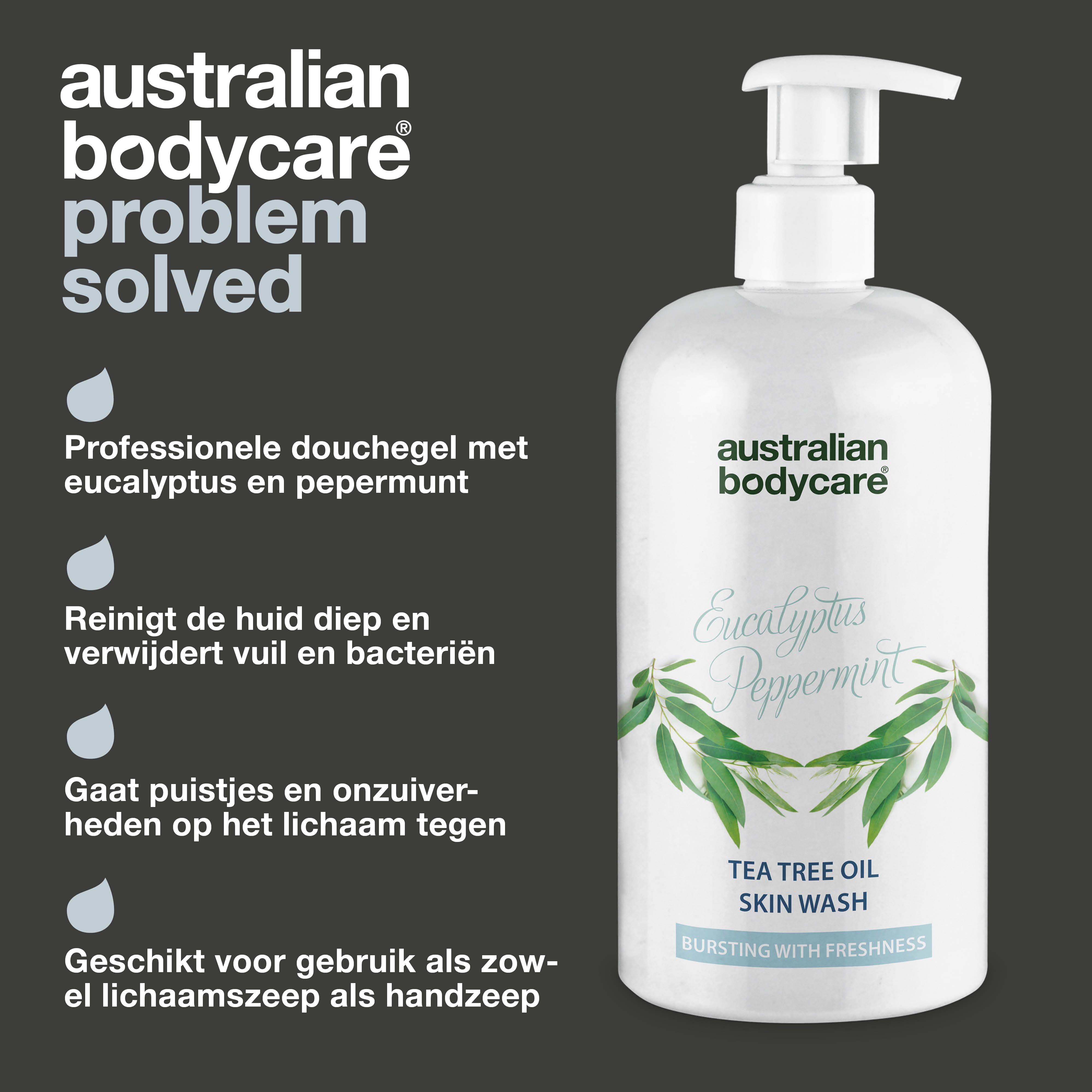 Fles met pomp. Tekst: Australian Bodycare, Professionele douchegel met eucalyptus en pepermunt, Skin Wash.