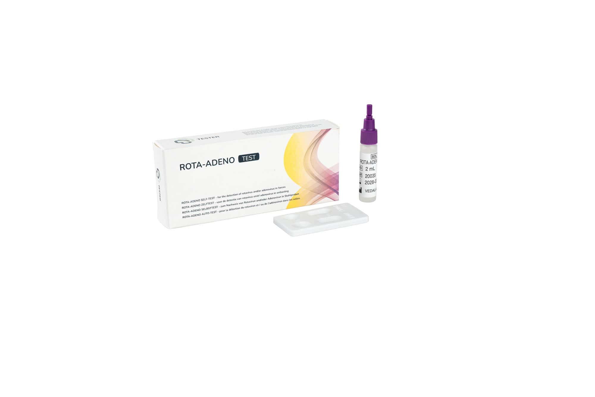 Rotavirus & Adenovirus Test: Testkit mit Reagenzflüssigkeit, Testkassette und Anleitung.