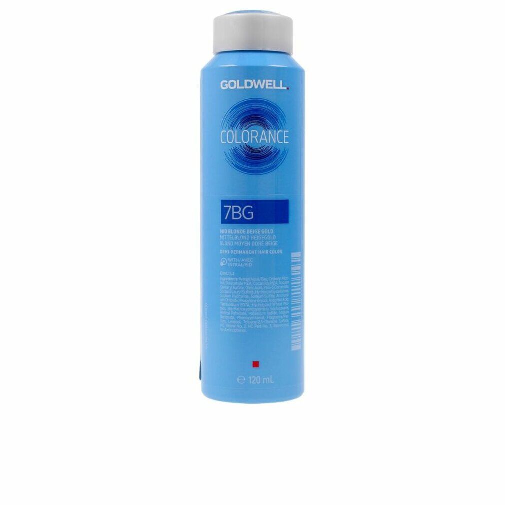 Hellblaue Flasche mit weißem Deckel. Aufschrift COLORANCE 7BG. Marke GOLDWELL. Text in mehreren Sprachen.