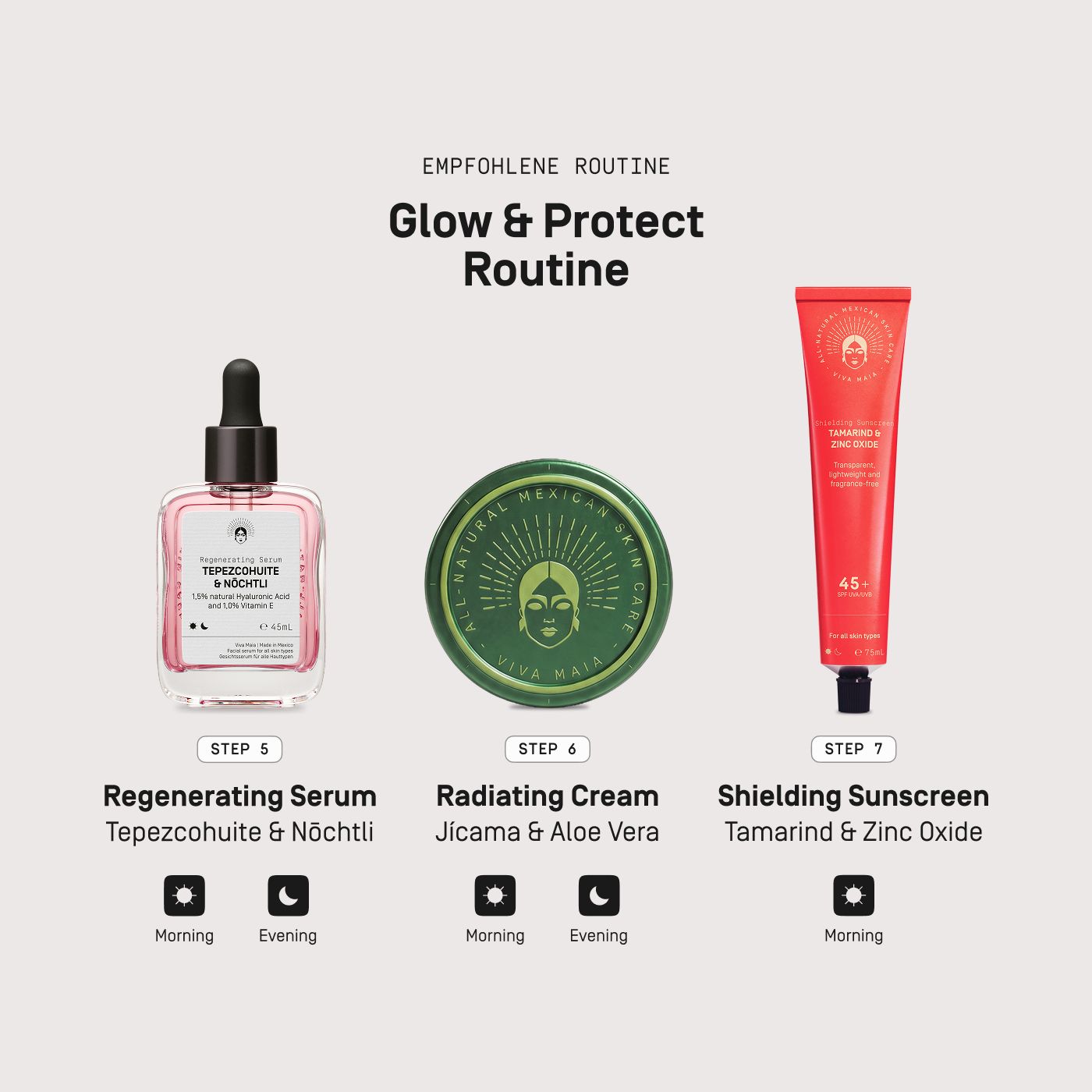 Viva Maia Glow & Protect Routine: Serum, Radiating Cream Dose, Sonnenschutz.