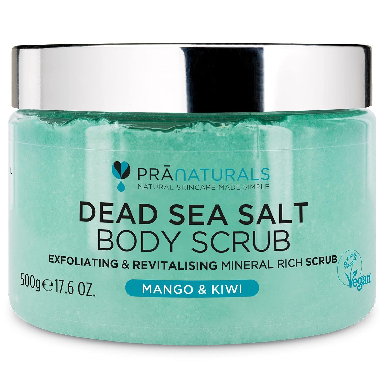 Runder Tiegel mit grünem Körperpeeling. Aufschrift: Dead Sea Salt Body Scrub, Mango & Kiwi. Vegan-Siegel.