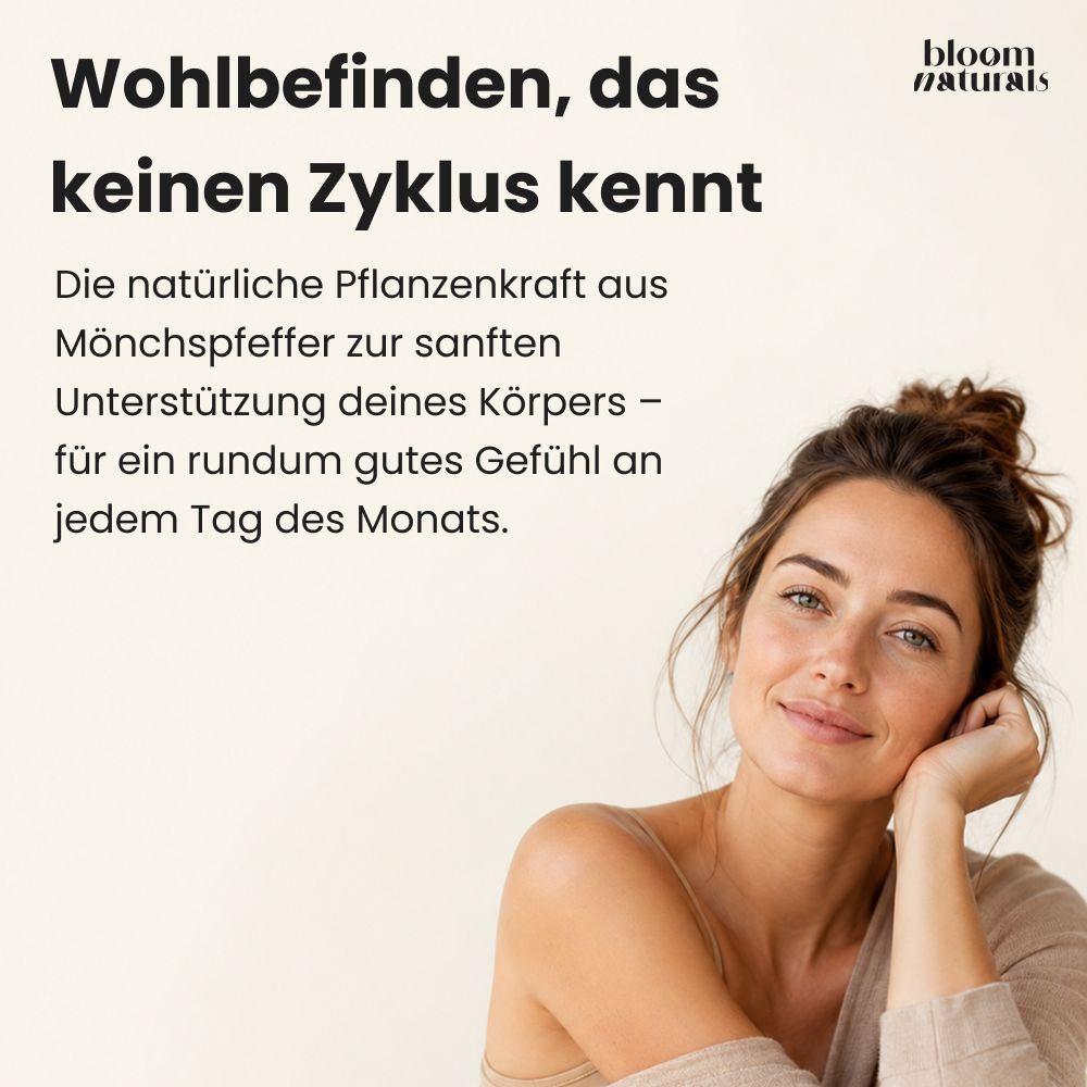 Frau lächelt, Text: 'Wohlbefinden, das keinen Zyklus kennt'.