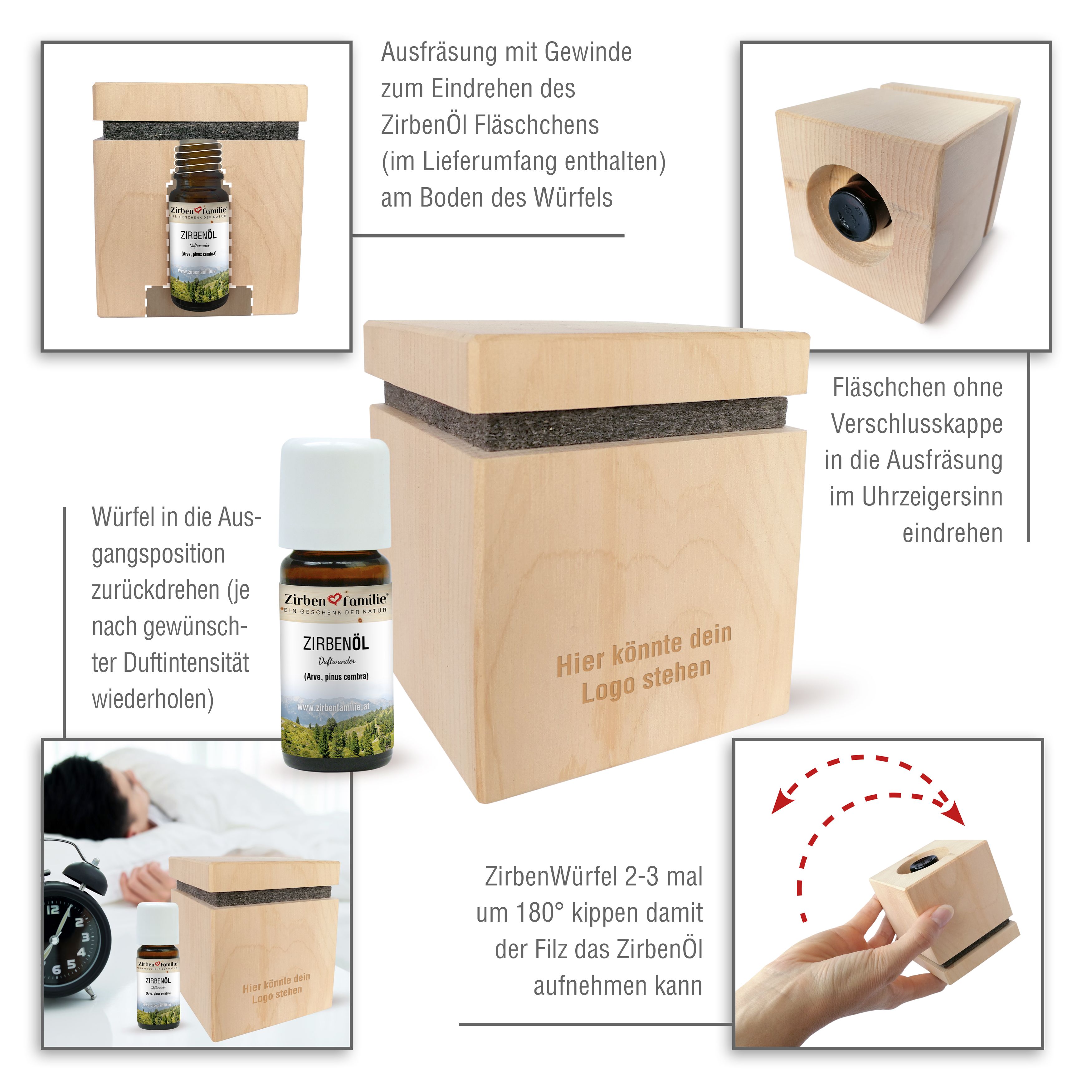 Holzwürfel mit Zirbenölflasche. Anwendungshinweise. ZirbenFamilie Logo. 10 ml Zirbenöl. Hier könnte dein Logo stehen.