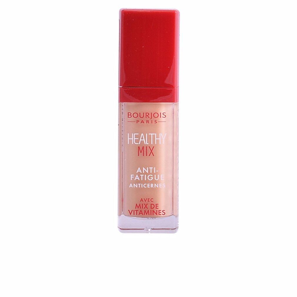 Concealer Bourjois Healthy Mix, goldener Beige. Roter Deckel, transparente Flasche. Text: Healthy Mix, Anti-Fatigue, Mix de Vitamines.