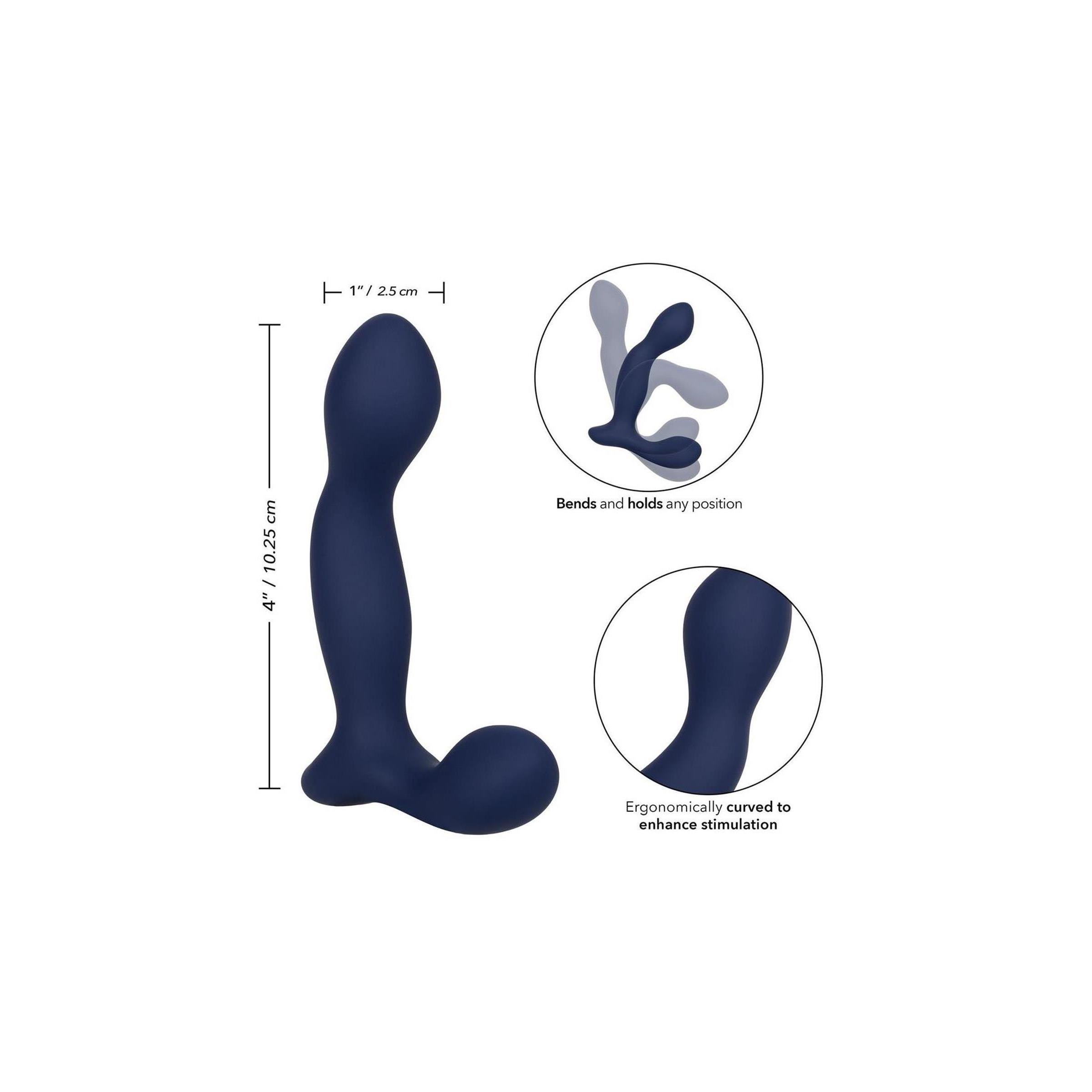 Dunkelblauer Expert Probe. Maße: 4"/10,25 cm lang, 1"/2,5 cm breit. Ergonomisch gebogen. Flexibel. Ultra-Soft Silikon.