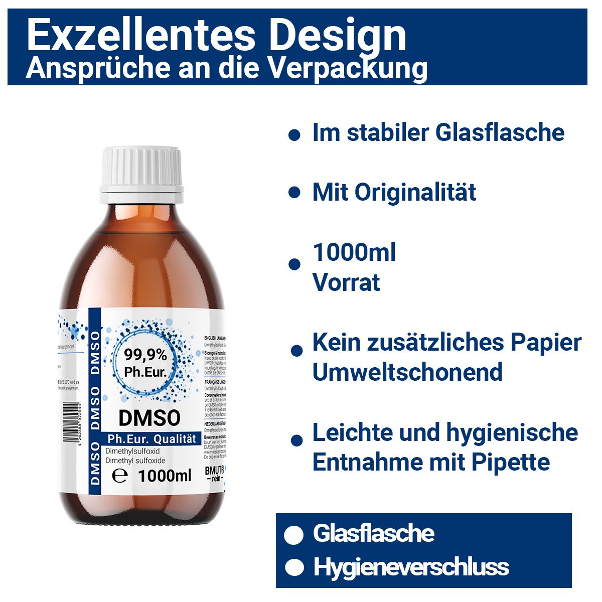 Braunglasflasche mit weißem Deckel und Etikett. Enthält DMSO 99,9% ph. Eur. Text: Exzellentes Design. 1000ml.