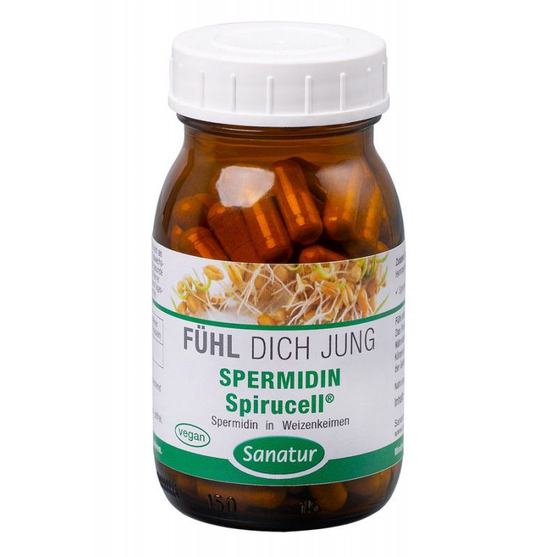 Flacone di vetro marrone con capsule marroni. Etichetta con "SPERMIDIN Spirucell®" e "Sanatur". Tappo bianco.