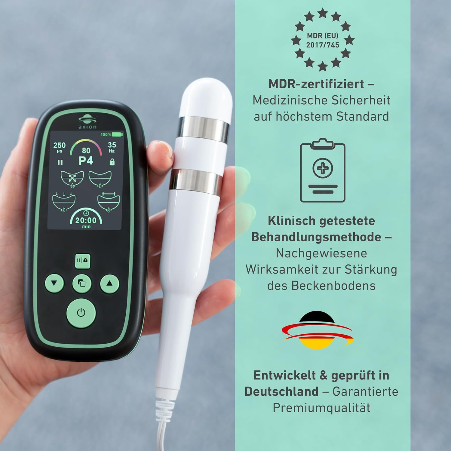 axion® I-3000 Beckenbodentrainer mit Zubehör. MDR-Zertifizierung. Klinisch getestete Behandlungsmethode.