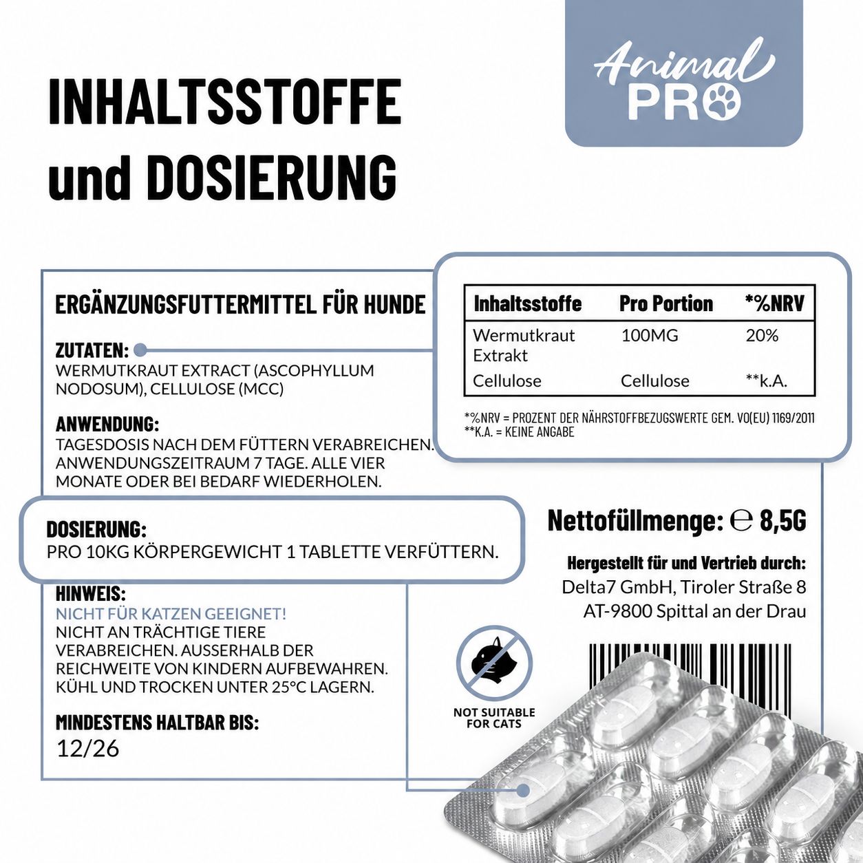 Informationen zu Inhaltsstoffen und Dosierung von Zeckilix. Blisterpackung mit Tabletten.