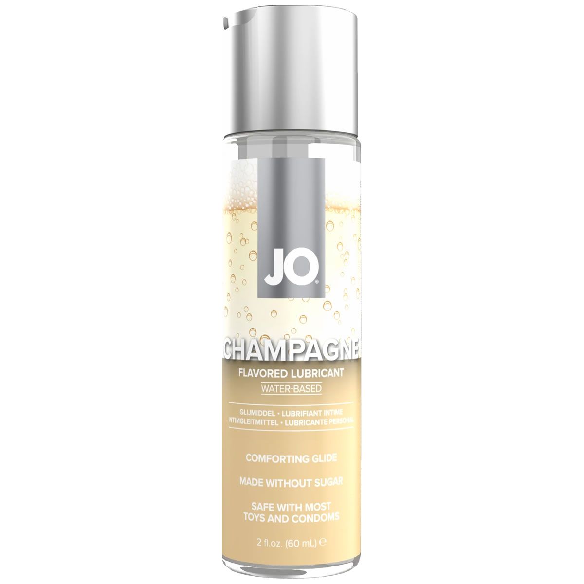 Transparente Flasche mit silbernem Deckel. Aufschrift "JO CHAMPAGNE FLAVORED LUBRICANT WATER BASED".