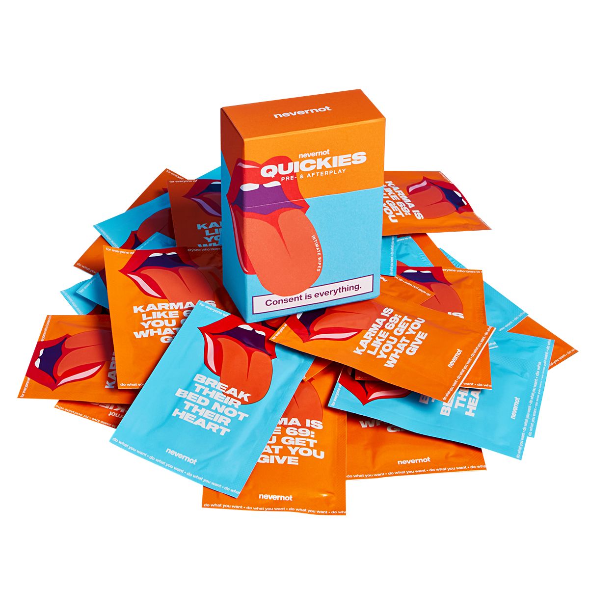 Orangene und blaue Einzelverpackungen mit Lippen- und Zungen-Design. Eine Schachtel mit dem Schriftzug "Quickies".