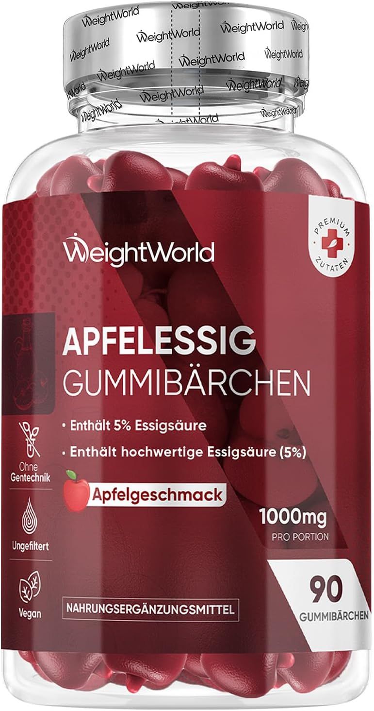 Klare Flasche mit Apfelessig Gummibärchen. Rotes Etikett mit Text: Apfelessig Gummibärchen, 1000mg, 90 Gummibärchen. Vegan.