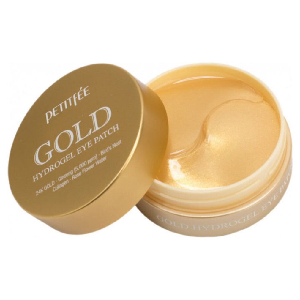 Petitfée Gold Hydrogel Eye Patch: Offener Behälter mit goldenen Augenpads. Deckel mit Produktnamen und Inhaltsstoffen.