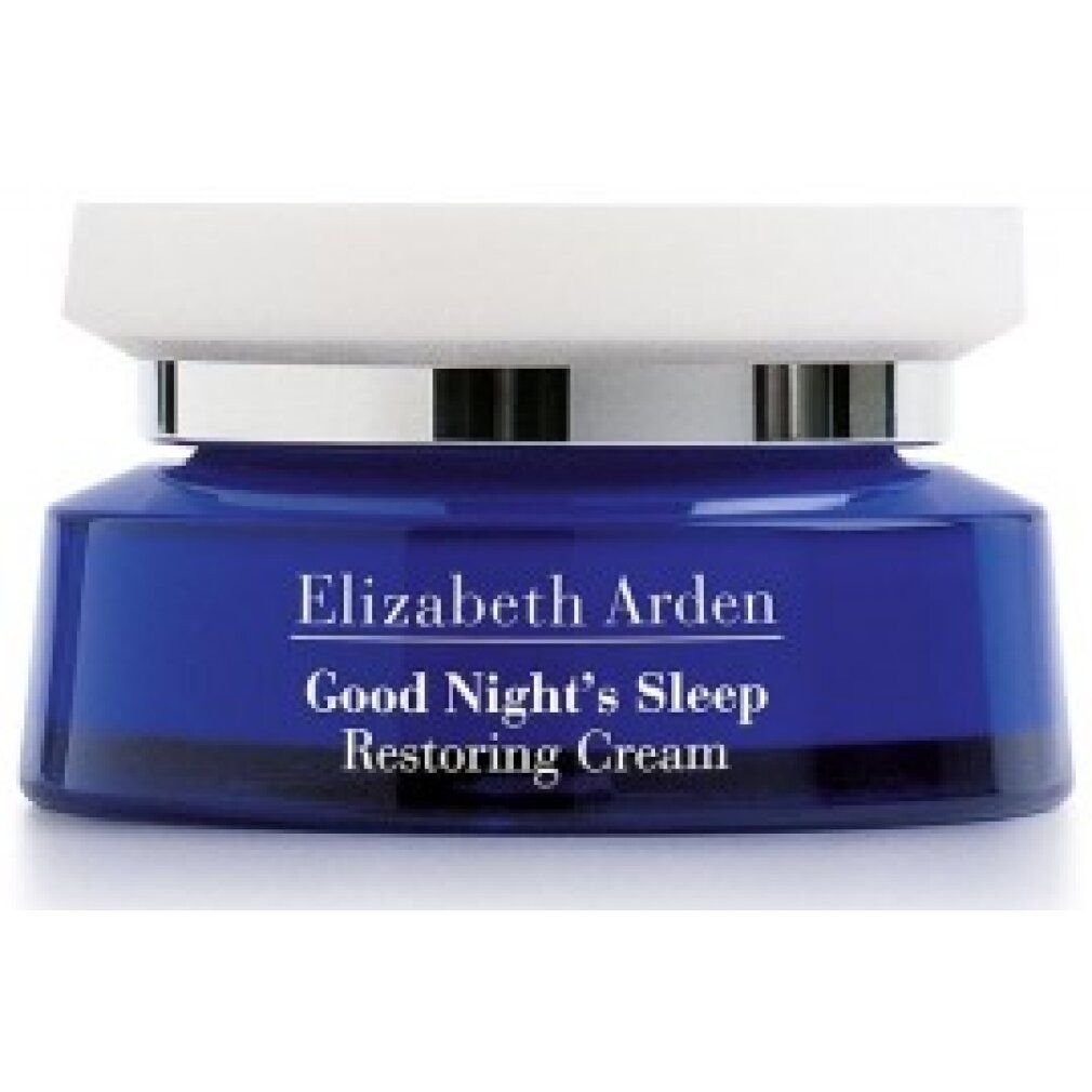 Blaues Creme-Glas mit weißem Deckel. Aufschrift: Elizabeth Arden Good Night's Sleep Restoring Cream. Silberner Ring zwischen Deckel und Glas.