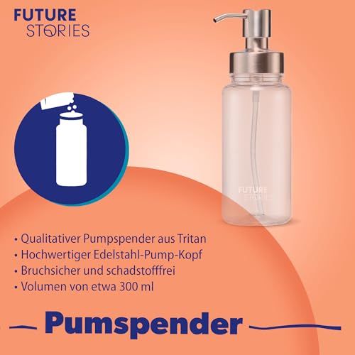 Pumpspender aus Tritan mit Edelstahl-Pumpkopf. Auf dem Spender ist das Logo "Future Stories" zu sehen.