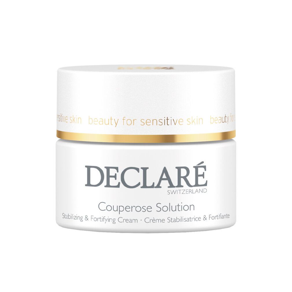 Weißer Tiegel mit goldfarbenem Rand. Aufschrift: DECLARÉ Couperose Solution. Text: Stabilizing & Fortifying Cream.