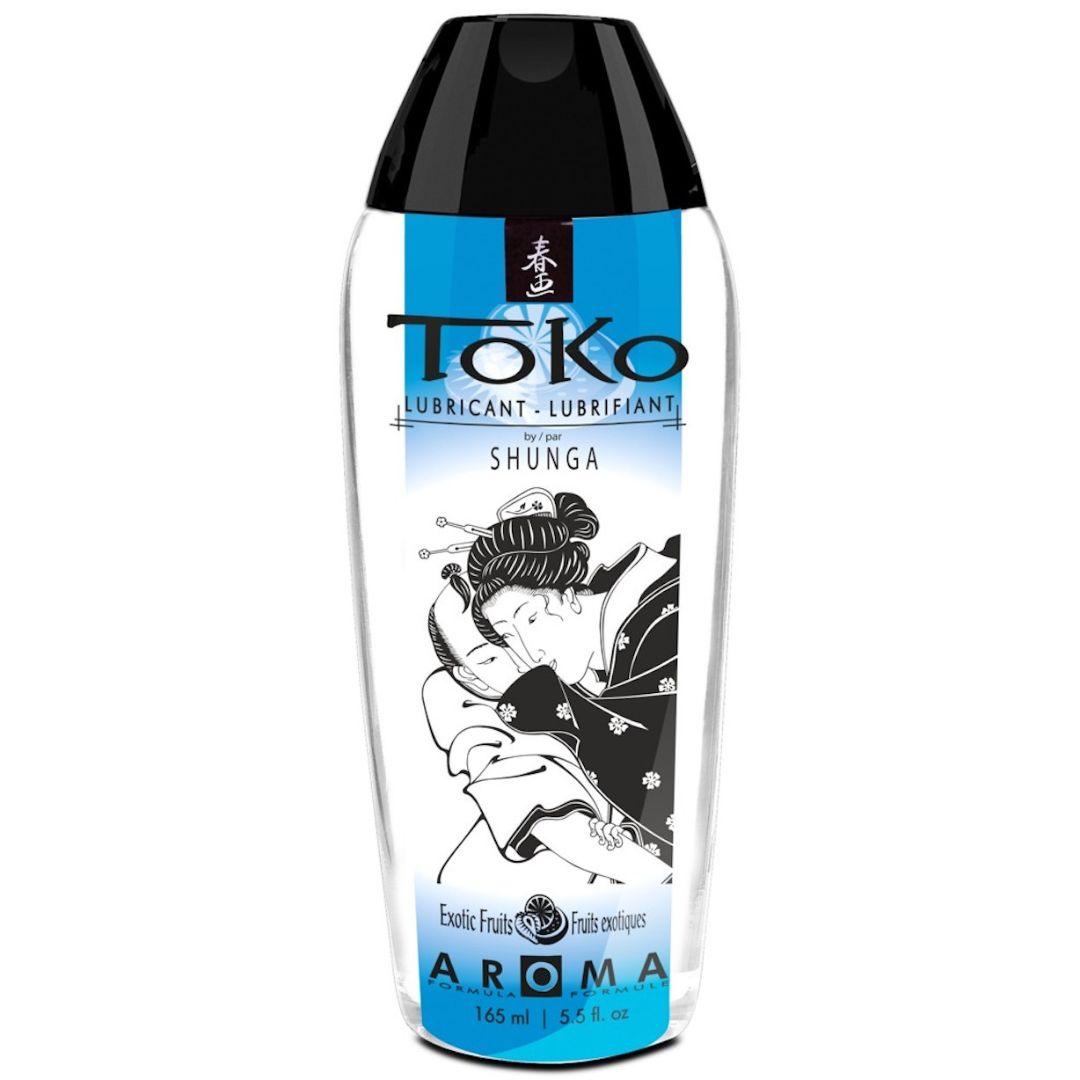 Transparente Flasche mit schwarzem Deckel. Aufschrift "Toko", "Shunga" und "Aroma". Abbildung zweier Personen.