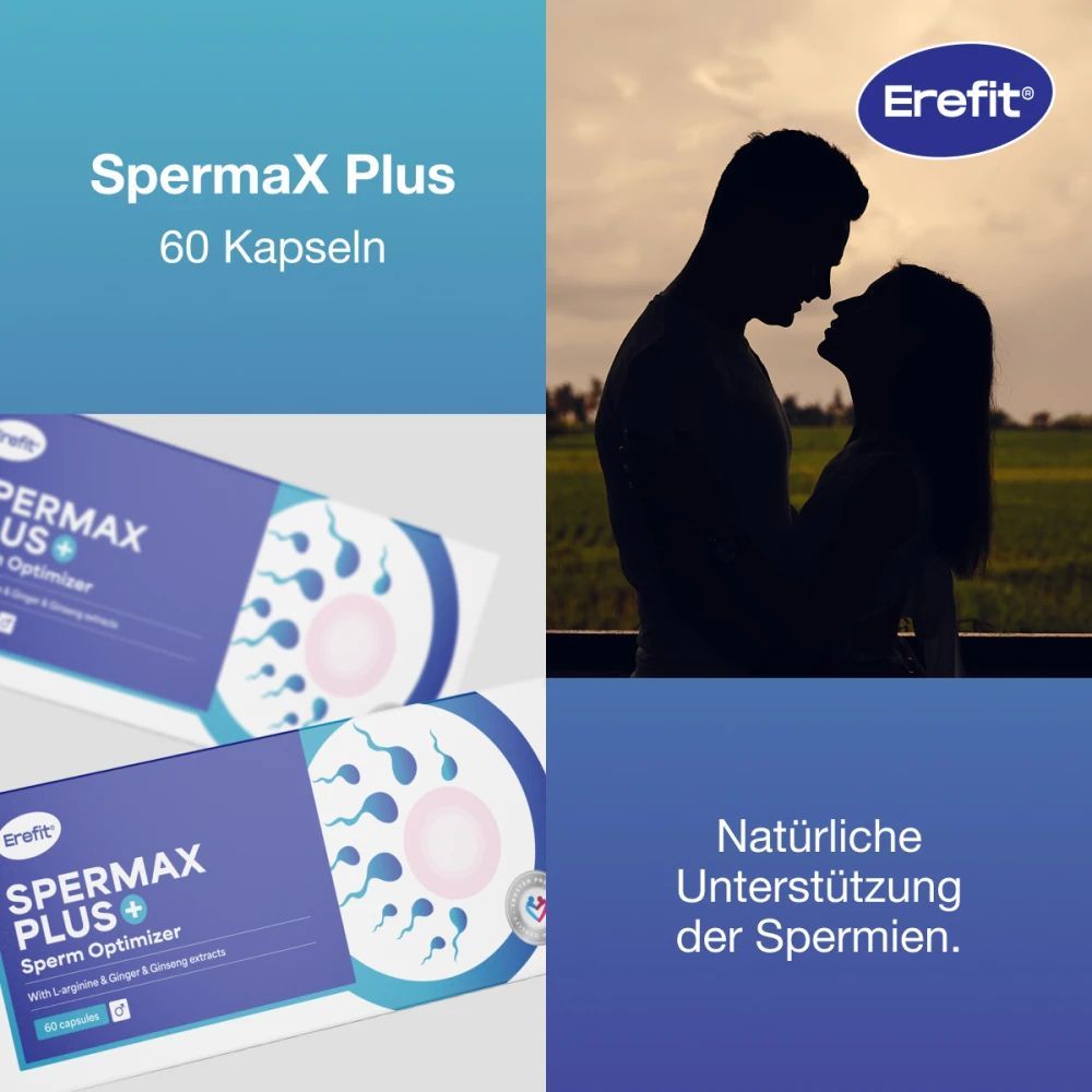 Zwei Produktverpackungen von Erefit SpermaX Plus mit 60 Kapseln. Paar-Silhouette im Hintergrund. Text: Natürliche Unterstützung der Spermien.