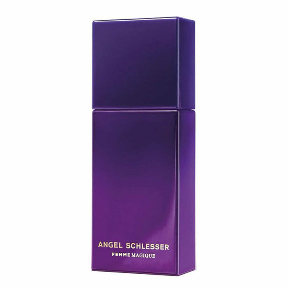 Violett-farbener Flakon mit rechteckigem Deckel. Aufschrift: Angel Schlesser Femme Magique.
