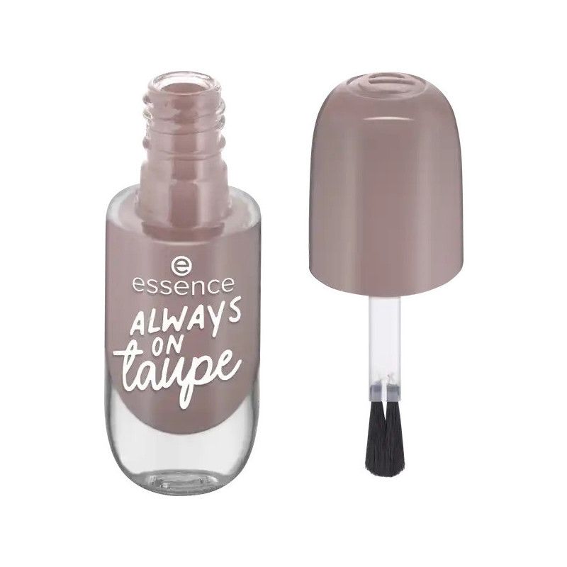 Essence Nagellackflasche 'Always On Taupe', geöffnet mit Pinsel.