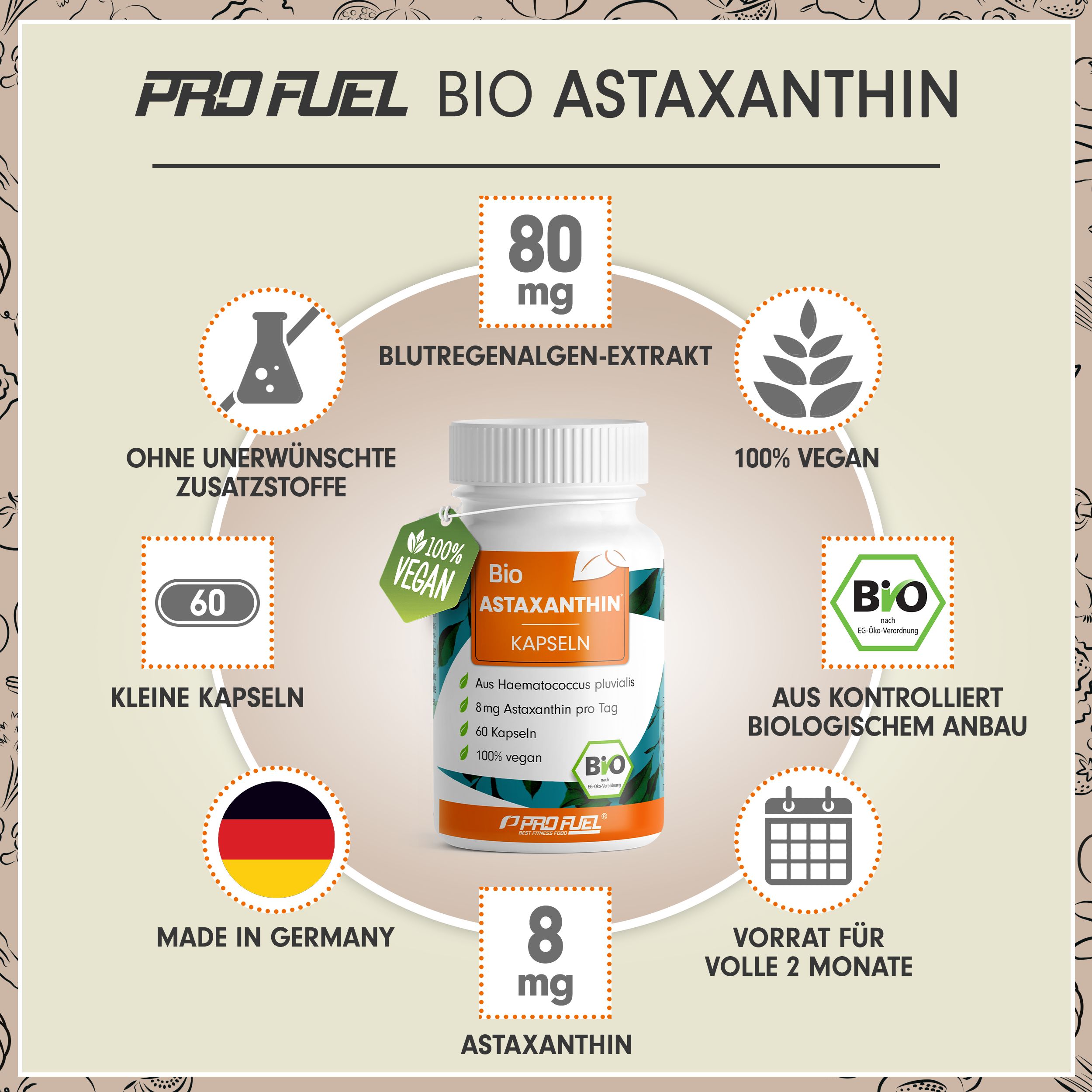 Weiße Kapsel-Dose mit Aufschrift 'Bio Astaxanthin Kapseln'. Enthält 60 Kapseln. Mit '100% Vegan' und 'Bio' Siegel. Hergestellt in Deutschland.
