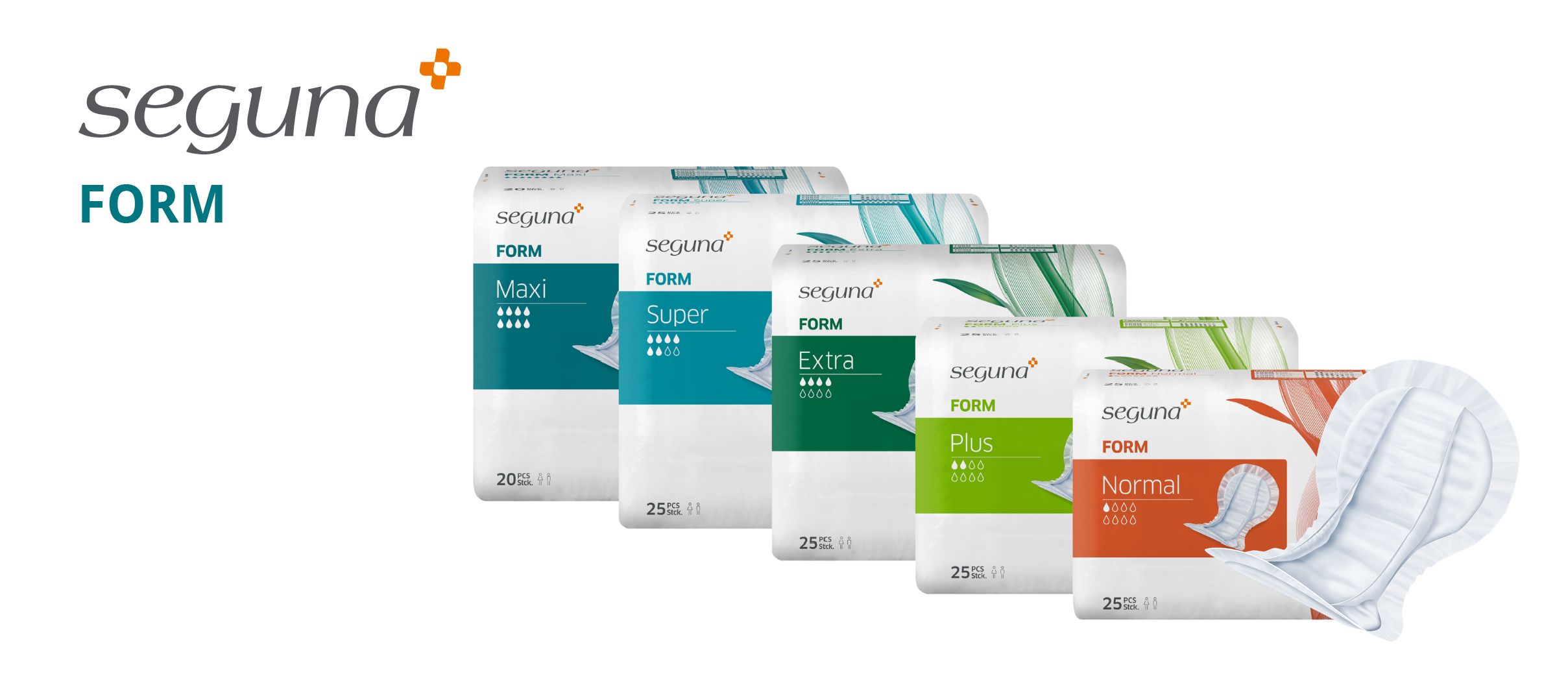 Mehrere Packungen SEGUNA FORM. Aufdrucke: Maxi, Super, Extra, Plus, Normal. Einzelne Einlage daneben.